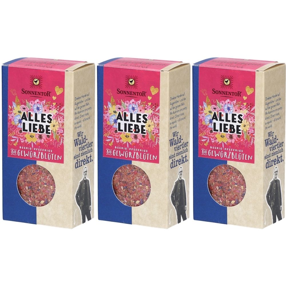 Trois boîtes rectangulaires avec impression. Inscription : ALLES LIEBE, GEWÜRZBLÜTEN. Marque : SONNENTOR. Motifs floraux et texte.