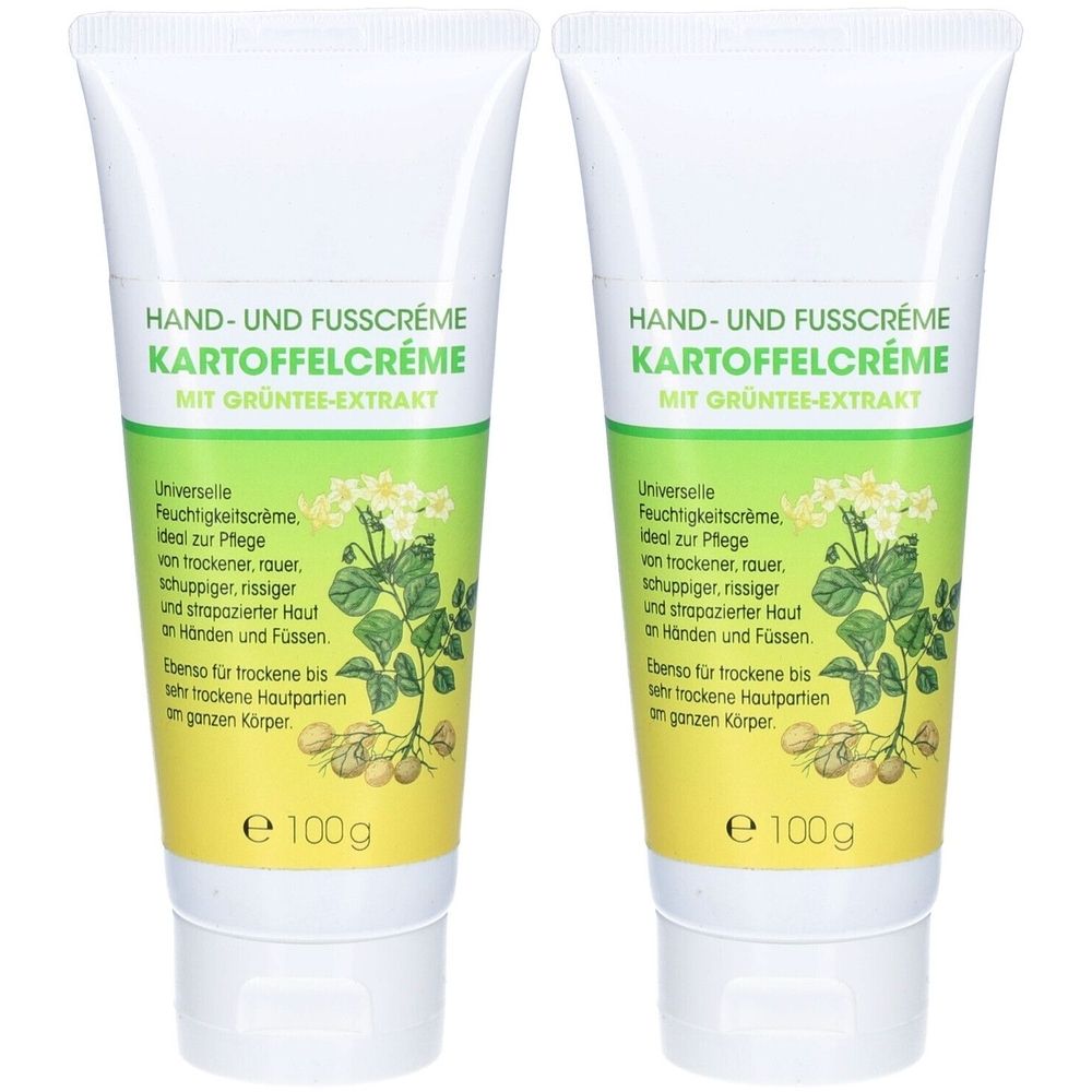 Deux tubes de crème pour les mains et les pieds. Inscription : Crème de pommes de terre avec extrait de thé vert. Chaque tube contient 100g.