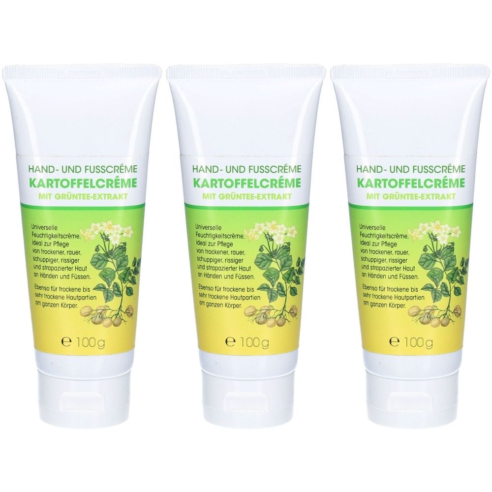 Trois tubes de crème pour les mains et les pieds. Tubes blancs avec texte vert et jaune. Texte : Crème de pommes de terre avec extrait de thé vert. 100g.