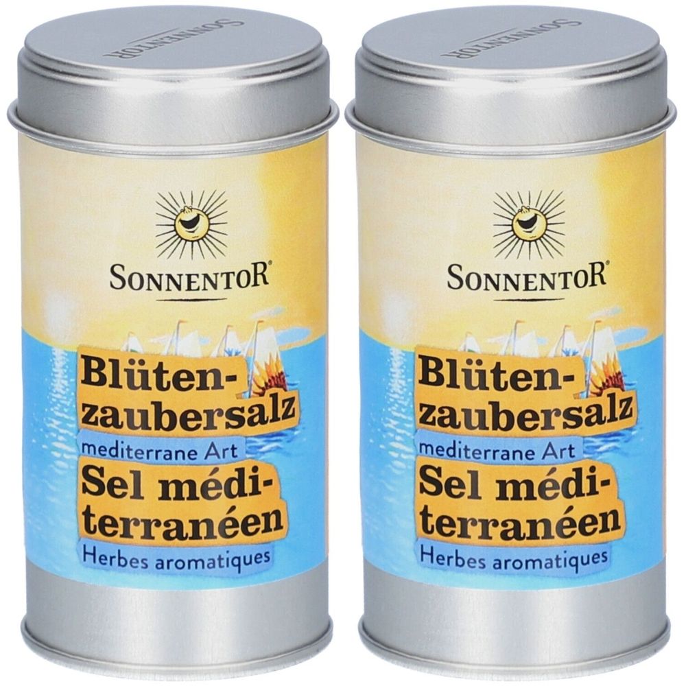 Deux boîtes cylindriques avec couvercles. Inscription : Sonnentor, Blütenzaubersalz mediterrane Art, Sel méditerranéen, Herbes aromatiques.
