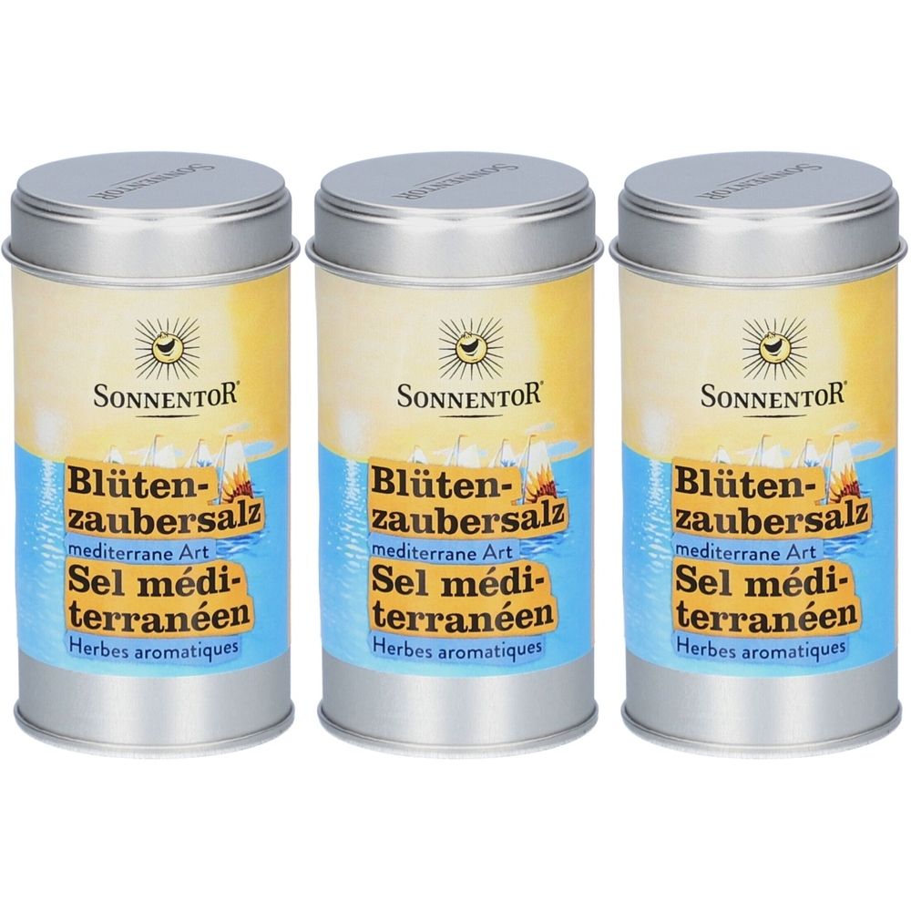 Trois boîtes cylindriques avec couvercles. Inscription : Blütenzaubersalz mediterrane Art, Sel méditerranéen, Herbes aromatiques. Marque : Sonnentor.