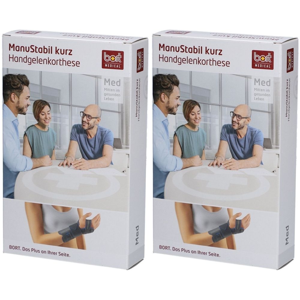 Verpackung von Handgelenkorthese. Aufdruck: ManuStabil kurz, BORT MEDICAL. Abbildung: Handgelenkorthese am Handgelenk.