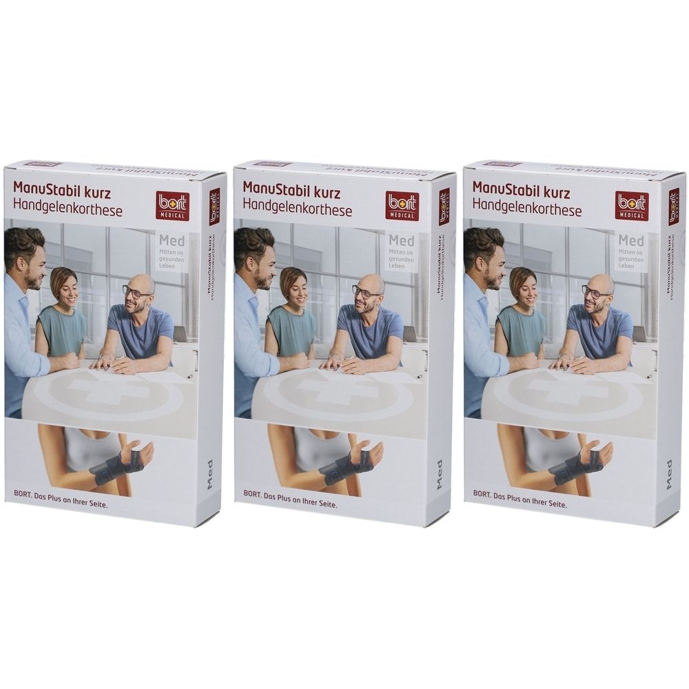 Trois boîtes de produit. Impression : ManuStabil kurz Handgelenkorthese. Marque : bort medical. Illustration : attelle de poignet.