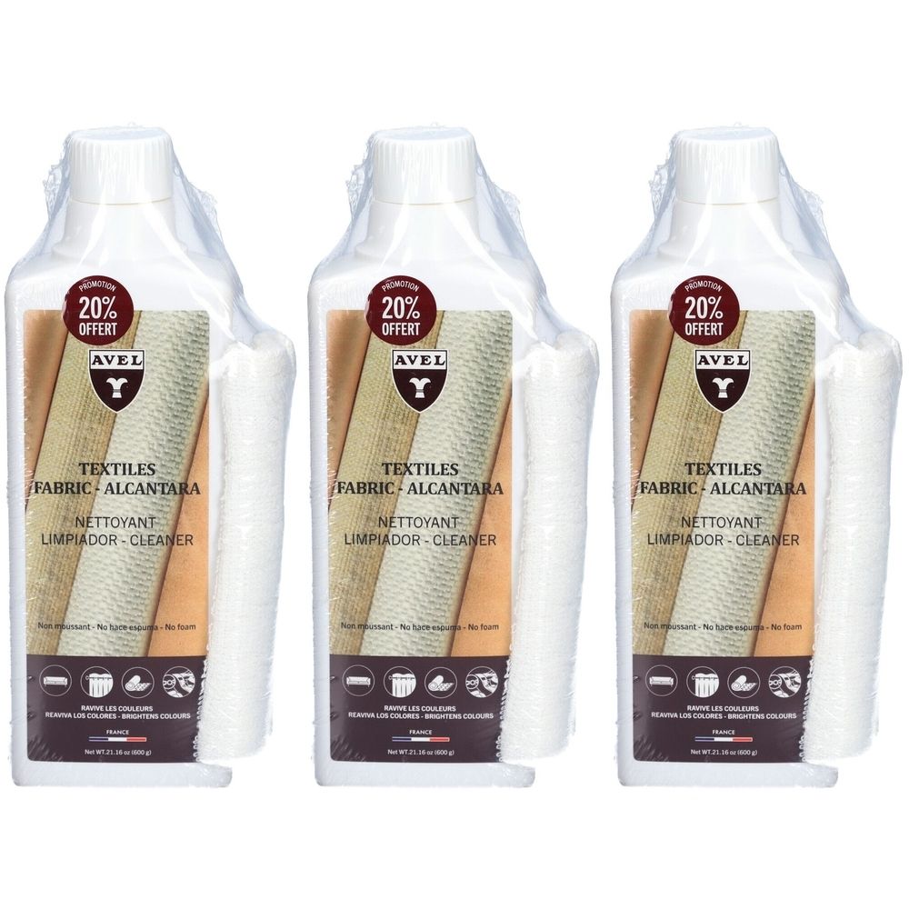 Drei Flaschen Textilreiniger mit Etiketten. Aufschrift: AVEL, Textiles Fabric Alcantara, 20% Rabatt. Weiße Rollen daneben.