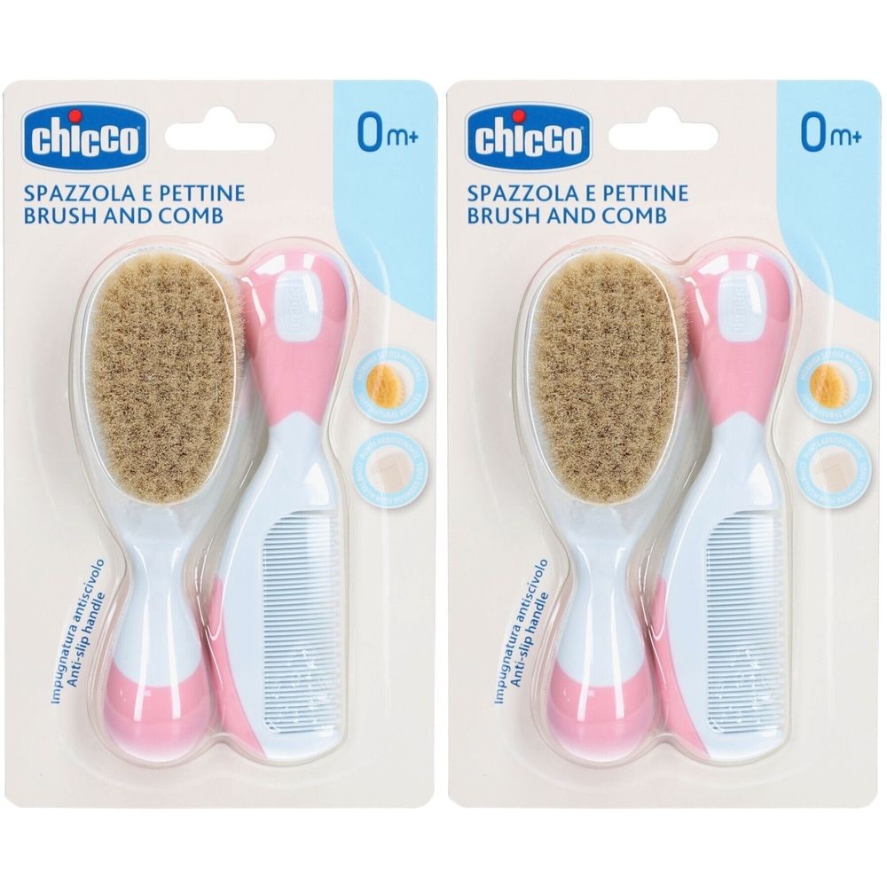 Emballage de deux brosses et peignes pour bébés. Marque : Chicco. Manches roses et blancs, poils doux. Âge : 0m+.