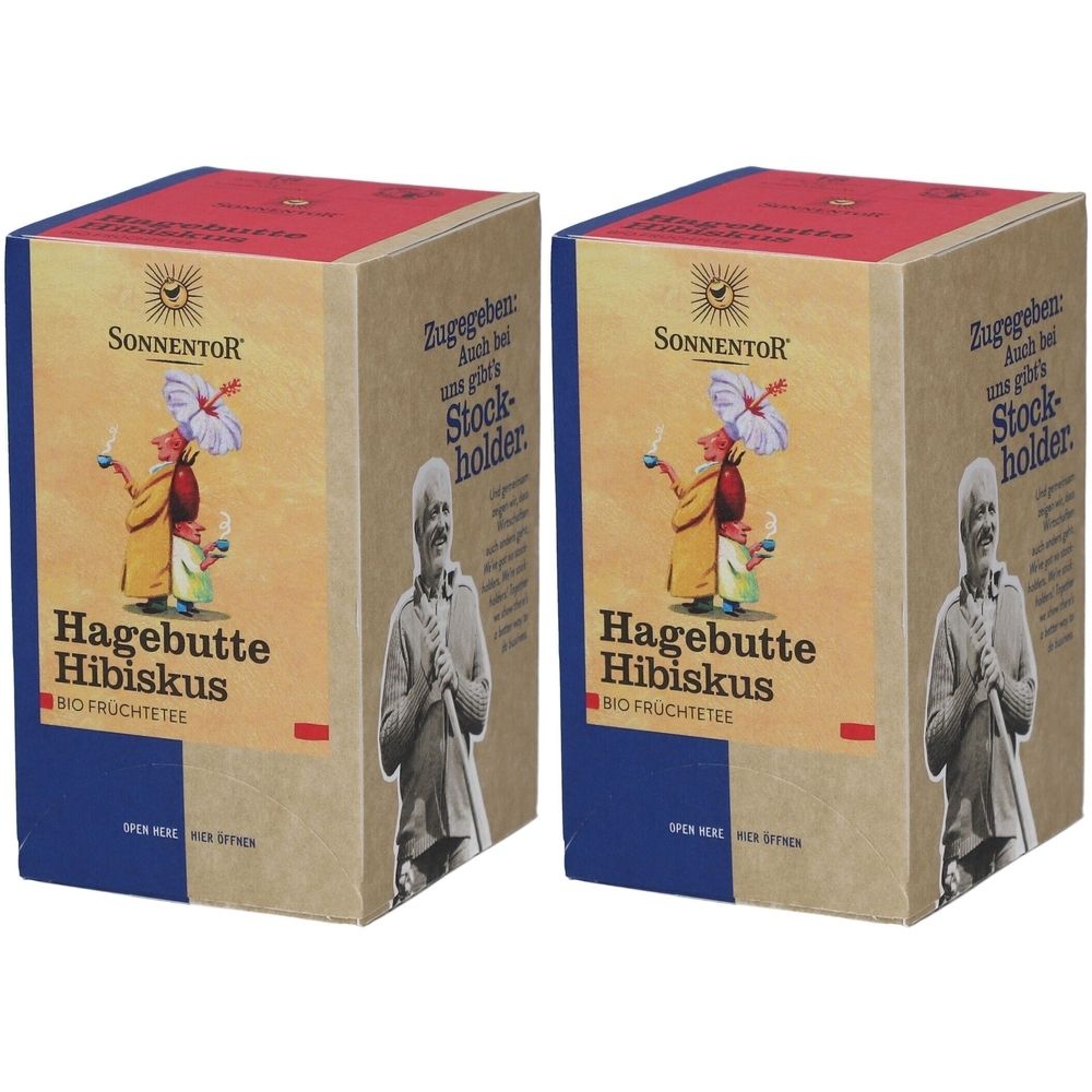 Deux boîtes rectangulaires. Impression : SONNENTOR, Hagebutte Hibiskus, Bio Früchtetee. Illustration d'une personne avec une fleur d'hibiscus.