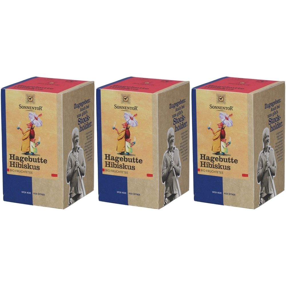 Trois boîtes rectangulaires. Impression: SONNENTOR, Hagebutte Hibiskus. Illustration d'une personne. Couvercle rouge, base bleue.