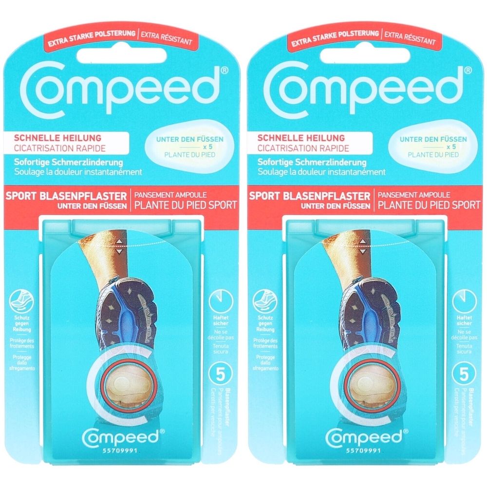 Deux emballages de pansements anti-ampoules Compeed. Inscription: Sport Blasenpflaster, guérison rapide. Modèle de pied avec pansement.
