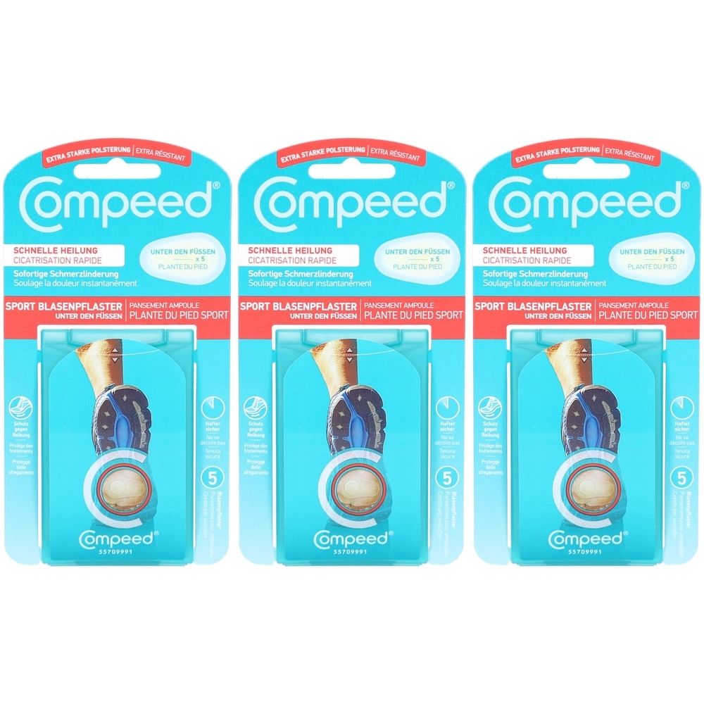 Trois emballages de Compeed Pansements ampoules pied sport. Chaque emballage contient cinq pansements. Emballage bleu.