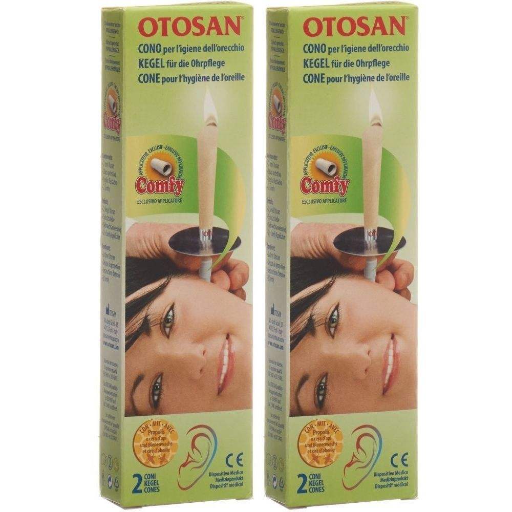 Deux boîtes vertes OTOSAN. Inscription: CONO, KEGEL, CONE. Illustration d'un cône auriculaire en cours d'utilisation. Marque CE.