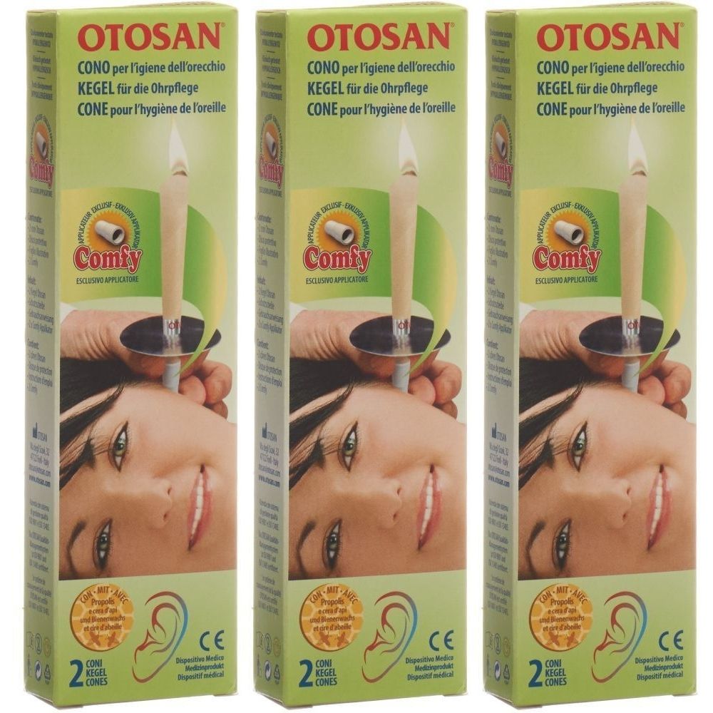 Trois boîtes de OTOSAN® Comfy Konus. Chaque boîte montre un cône placé sur une oreille. Marque CE.