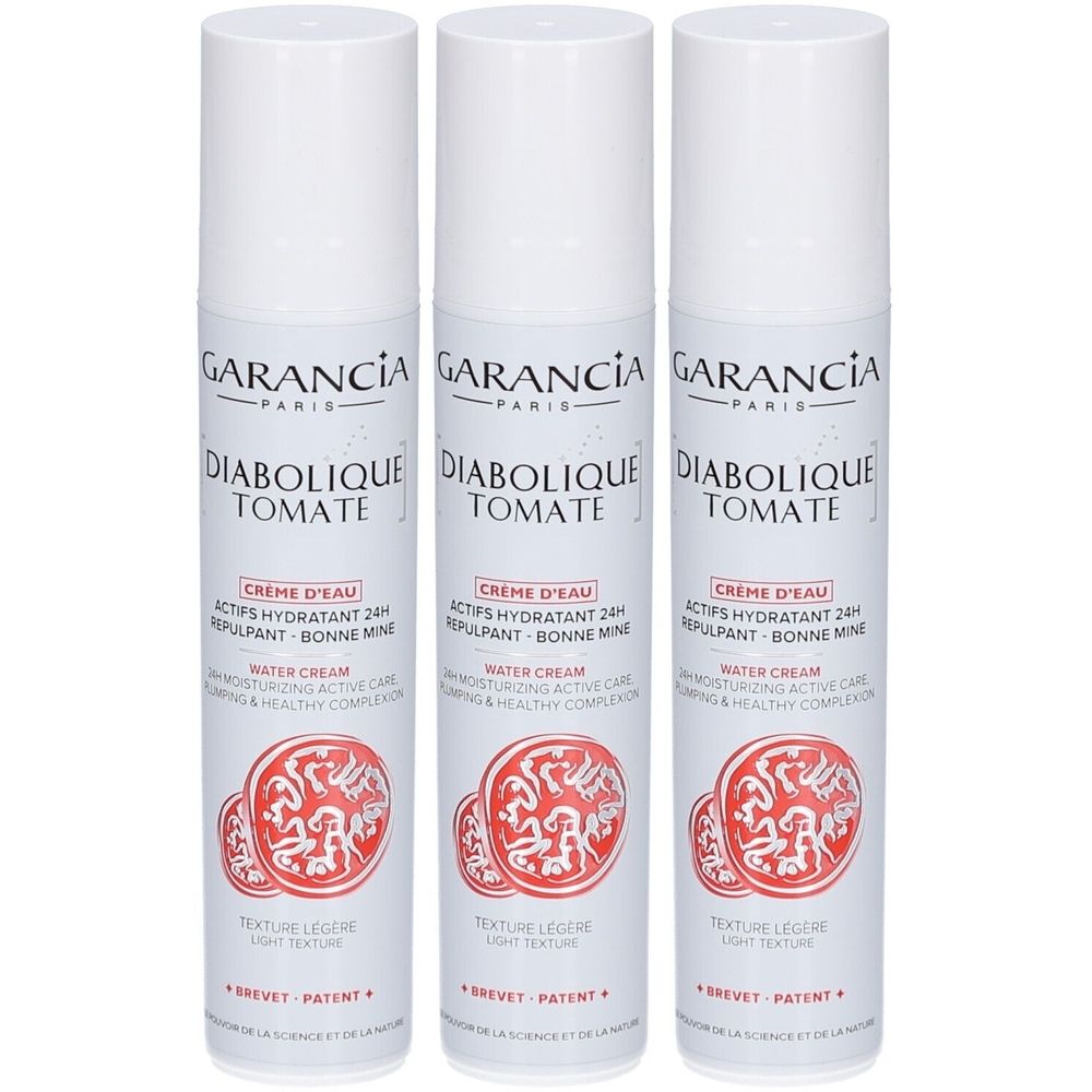 Trois flacons blancs GARANCIA Diabolique Tomate. Inscription: Crème d'eau, Actifs hydratant 24h, Water Cream. Graphique rouge.