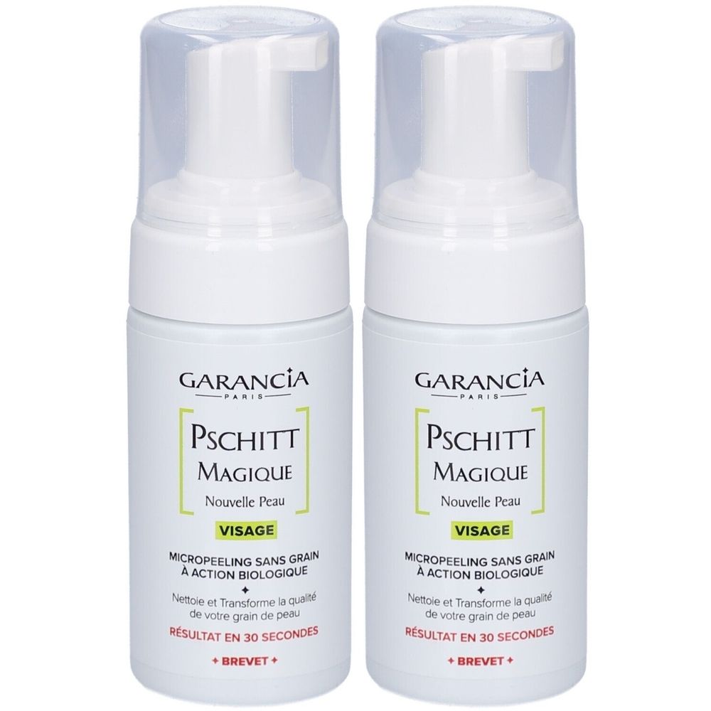 Deux flacons blancs avec pompe. Inscription: GARANCIA, PSCHITT MAGIQUE, Nouvelle Peau, VISAGE. Texte: MICROPEELING SANS GRAIN.