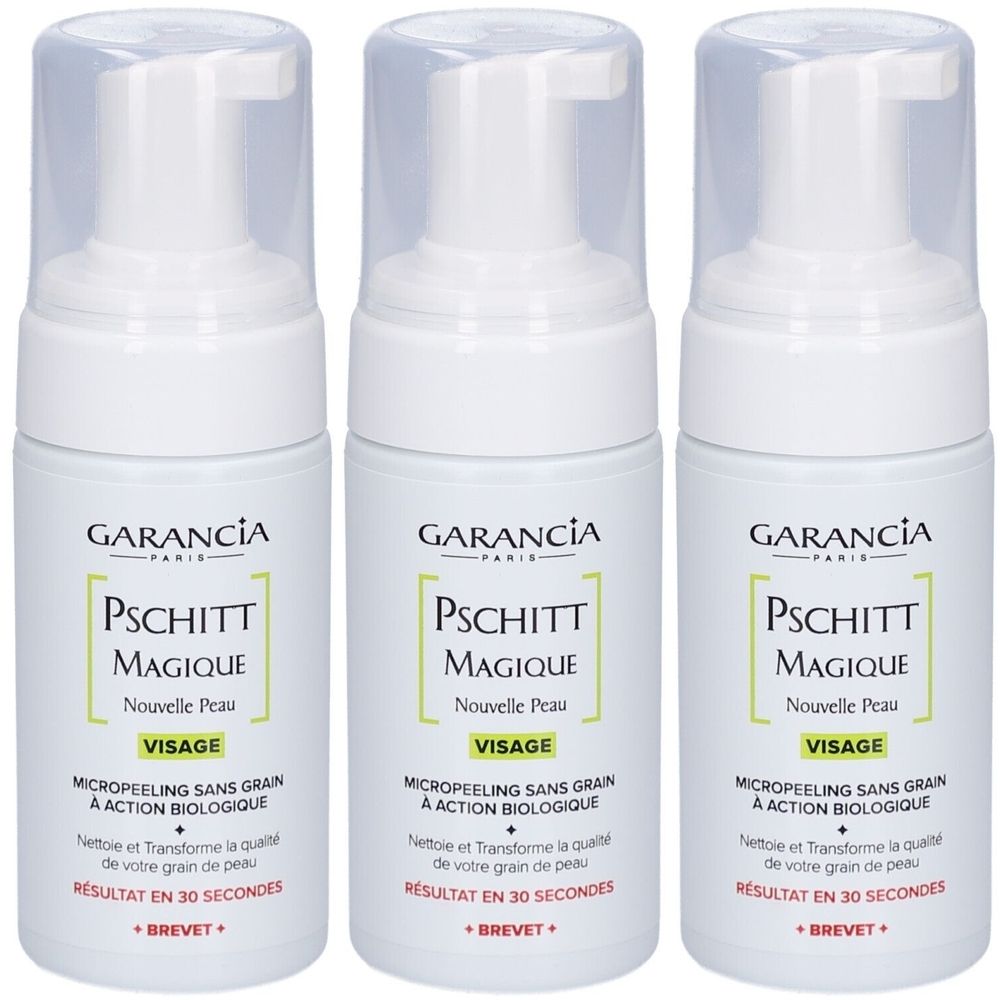 Trois flacons blancs avec vaporisateur. Inscription: GARANCIA, PSCHITT MAGIQUE, Nouvelle Peau, Visage, Micropeeling sans grain.