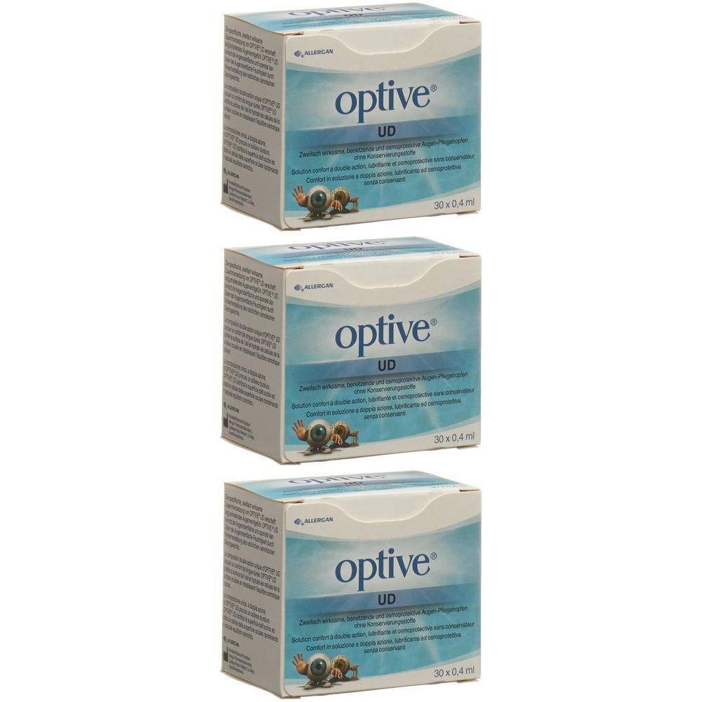 Drei Packungen Optive UD Augentropfen, je 30x0,4ml.