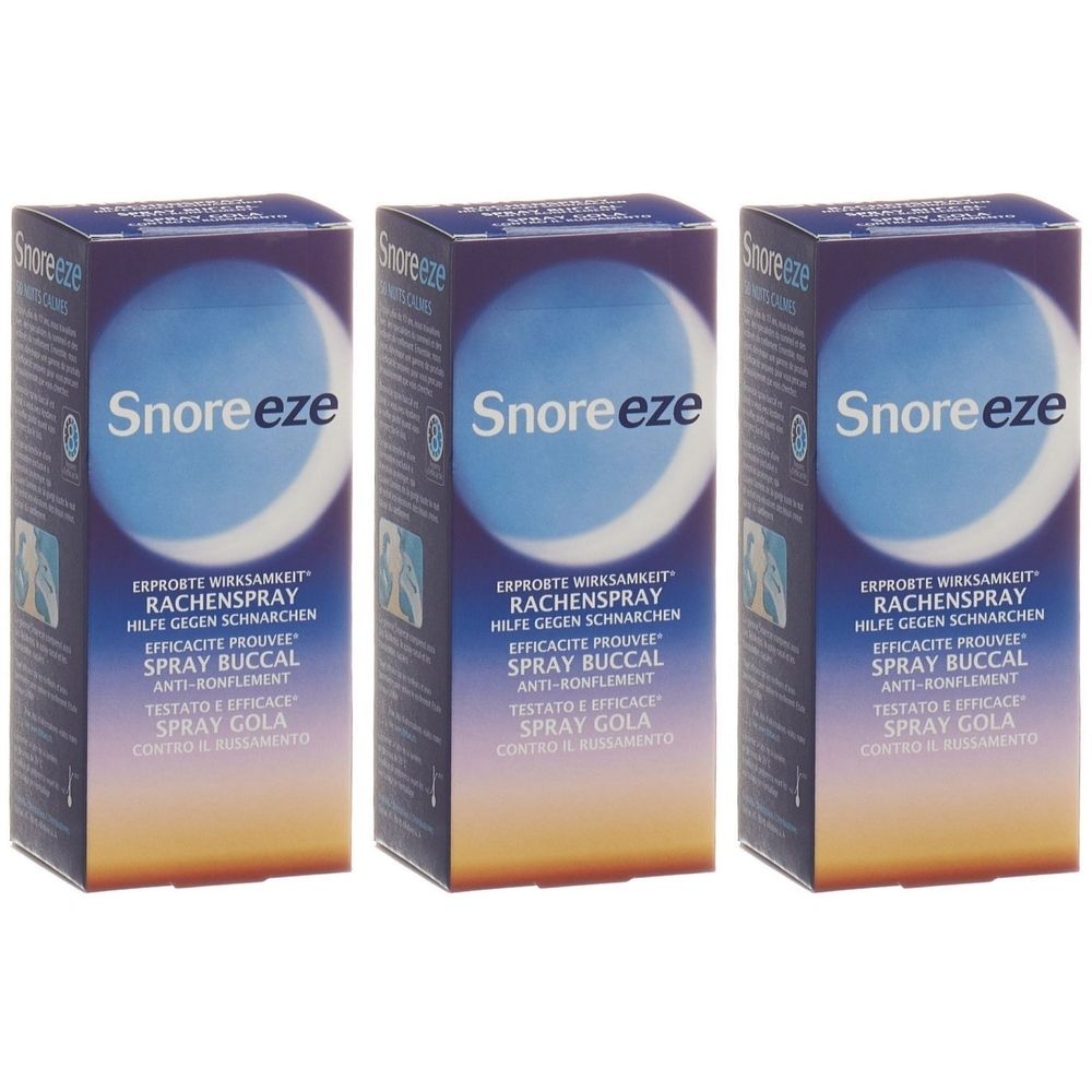 Trois boîtes de Snoreeze. Le nom du produit et des informations sont visibles. Emballage avec un fond bleu et orange.