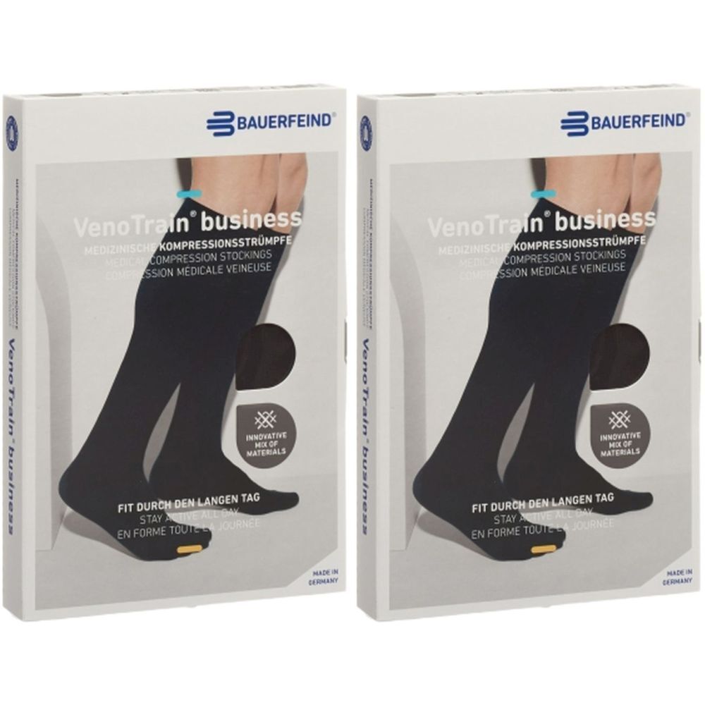 Deux boîtes de bas de compression noirs. Marque et nom du produit visibles. Texte: VenoTrain business. Emballage avec illustration de bas.