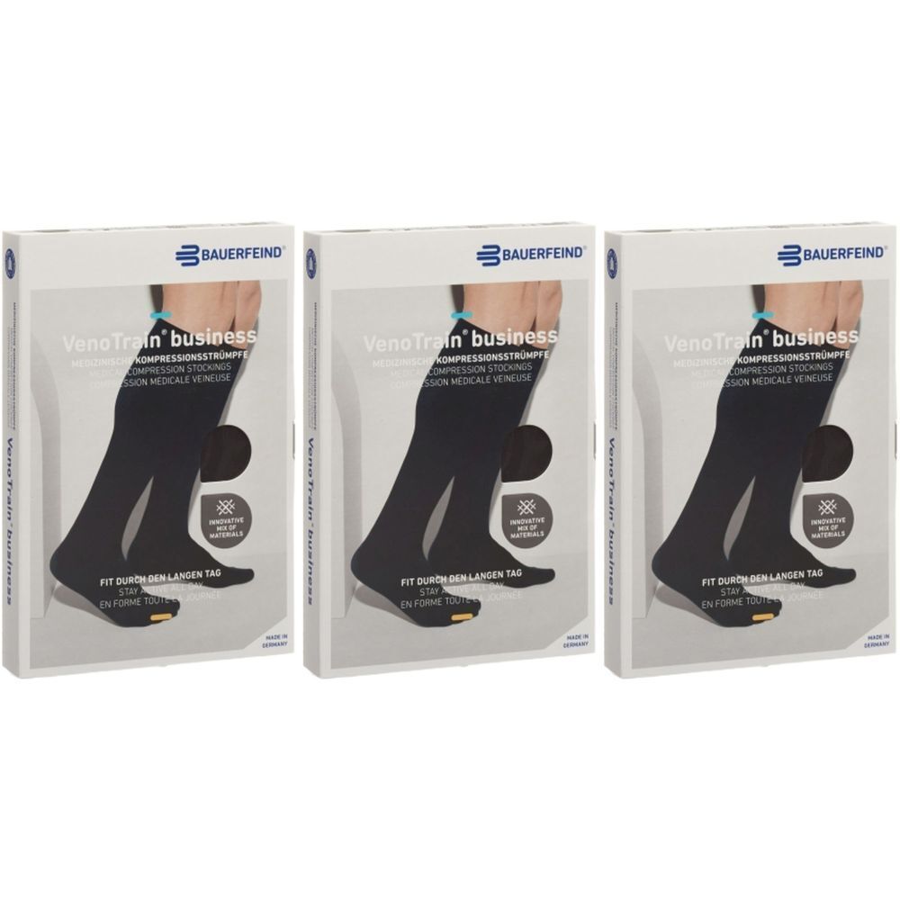 Trois boîtes de bas de compression. Impression : BAUERFEIND, VenoTrain business, bas de compression. Bas noirs représentés.