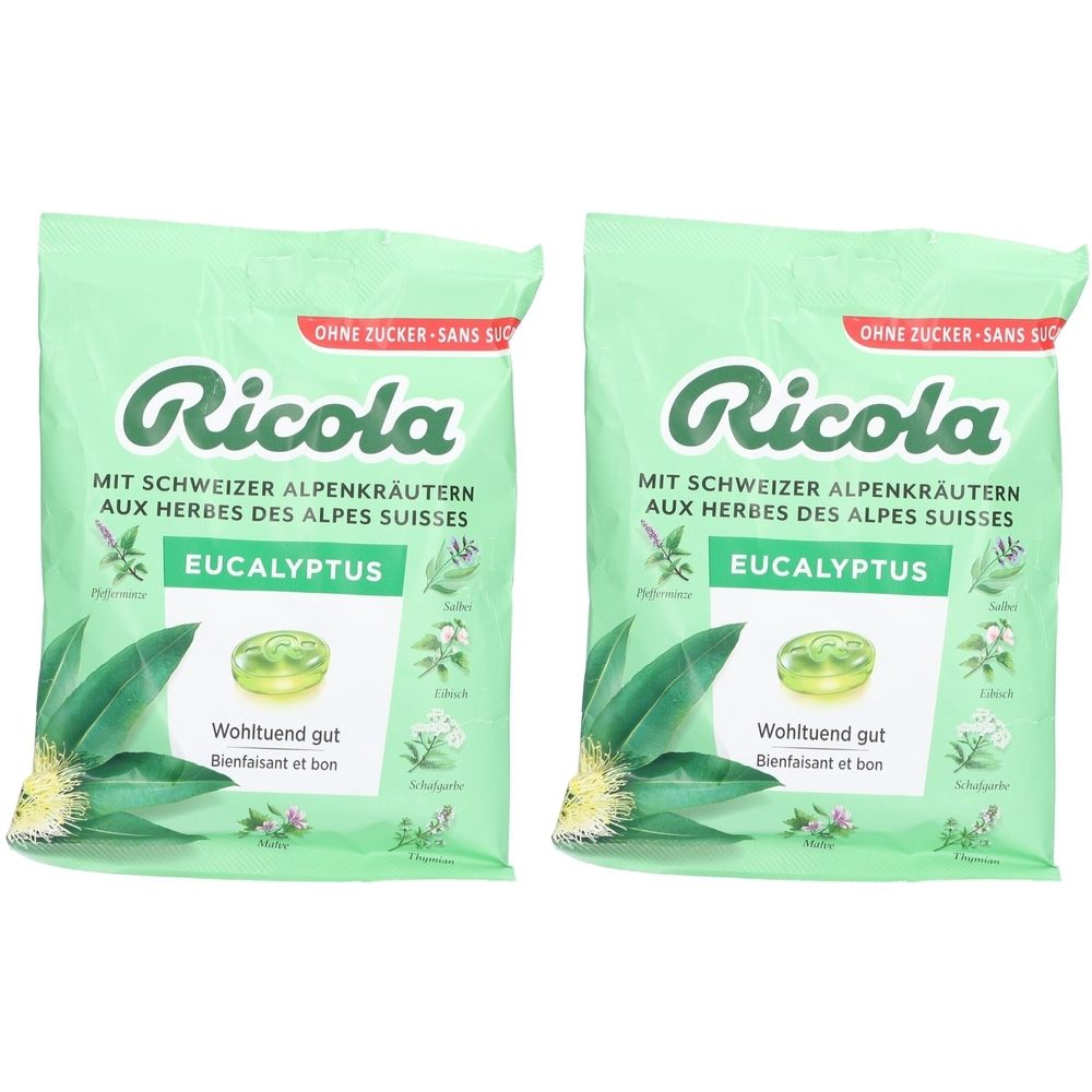 Deux sachets verts de bonbons Ricola Eukalyptus. Inscription : Sans sucre. Aux herbes des Alpes suisses. Eukalyptus. Image d'un bonbon et de feuilles.