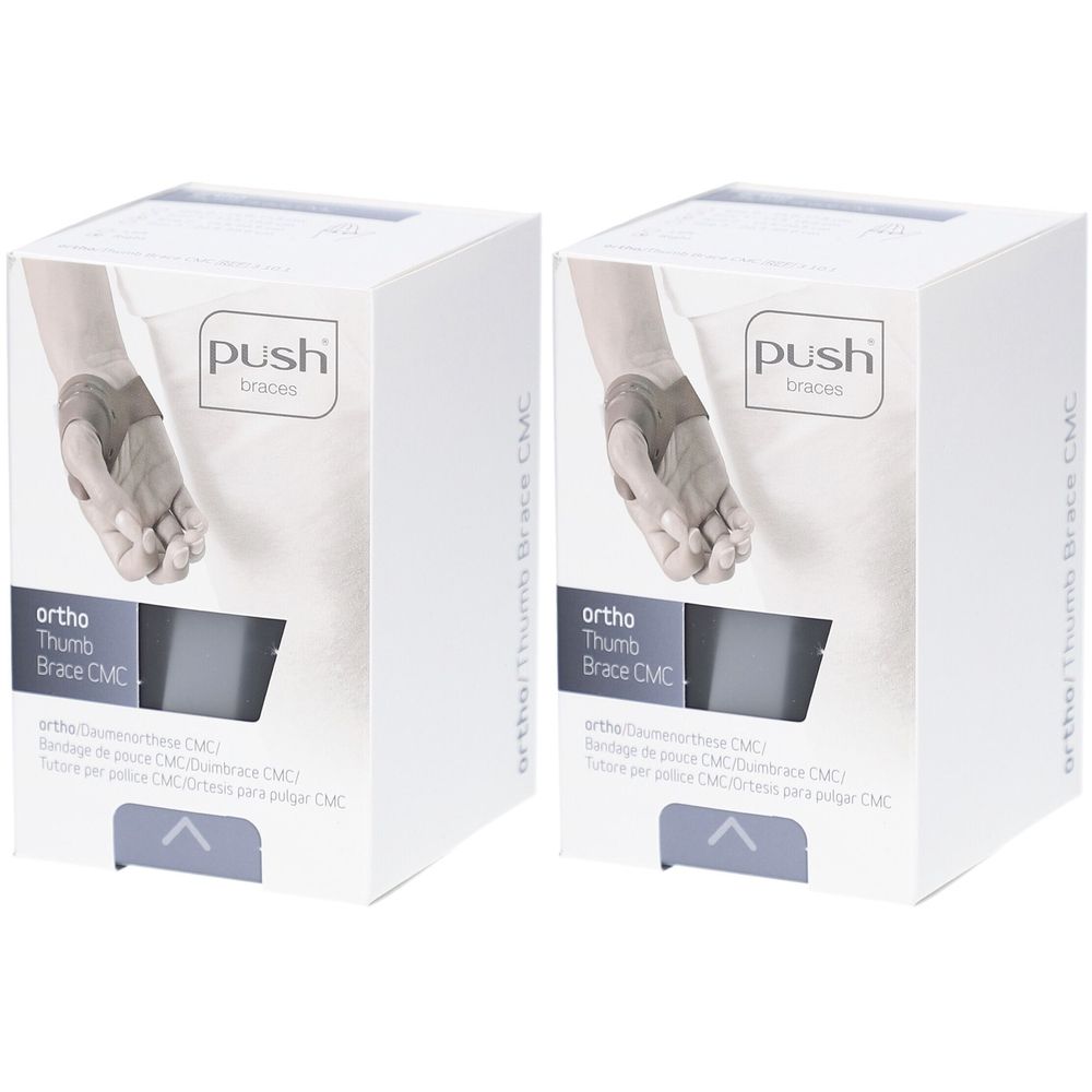 Deux boîtes blanches. Impression : Push Braces, ortho Thumb Brace CMC. Illustration d'une main avec une orthèse du pouce. Texte en allemand, français, italien, espagnol.