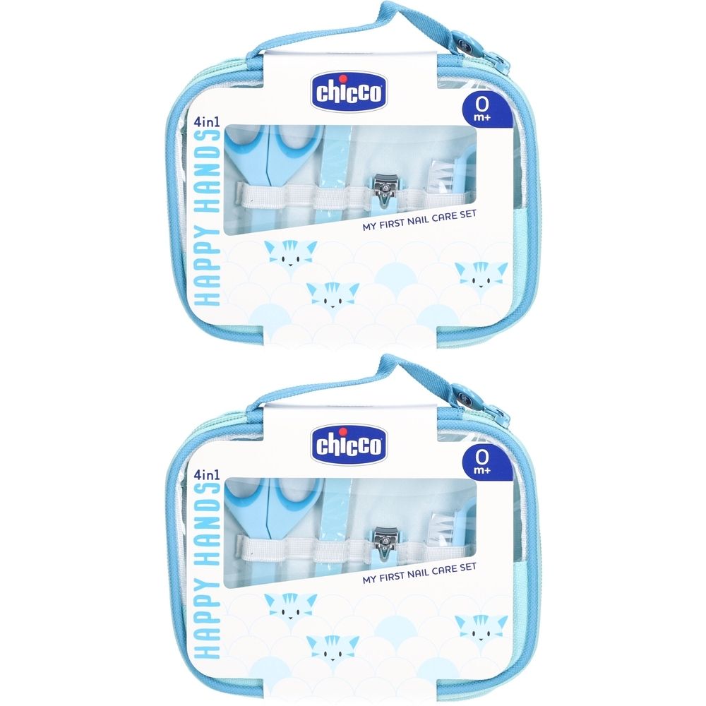 Trousse de manucure bleu clair pour bébé. Ciseaux, lime à ongles et coupe-ongles inclus. Emballage bleu avec poignée. Marque : Chicco.