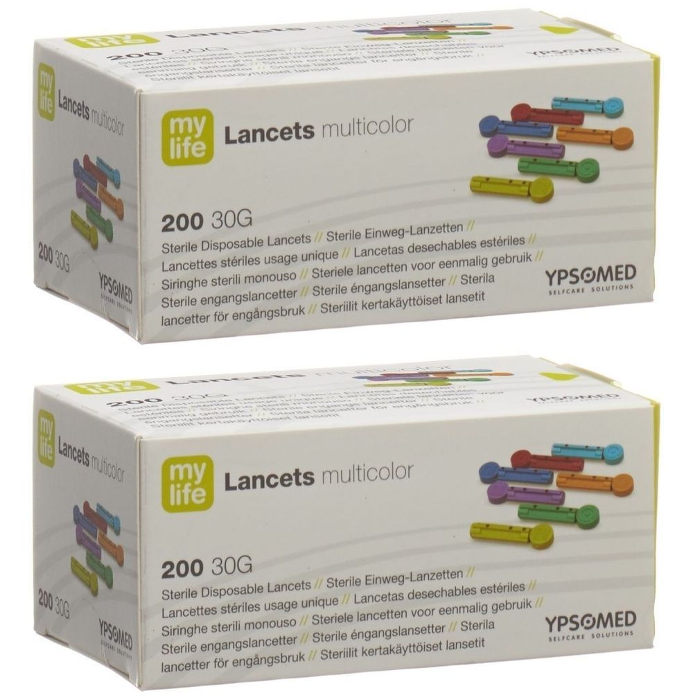Deux boîtes de lancettes MYLIFE multicolores. Inscription : 200 pièces, 30G. Lancettes colorées illustrées. Logo YPSOMED.