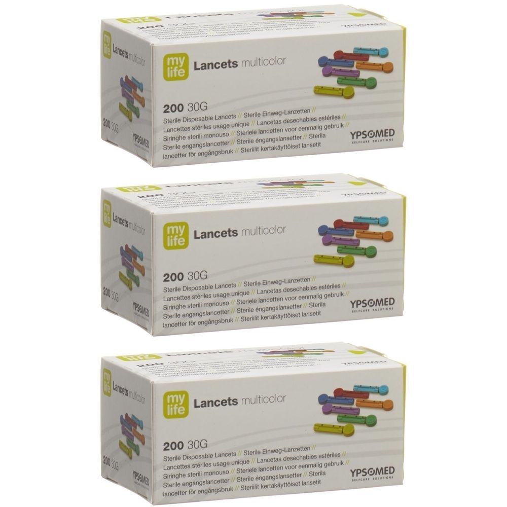 Trois boîtes de lancettes. Inscription : my life Lancets multicolor, 200 30G. Logo YPSOMED.