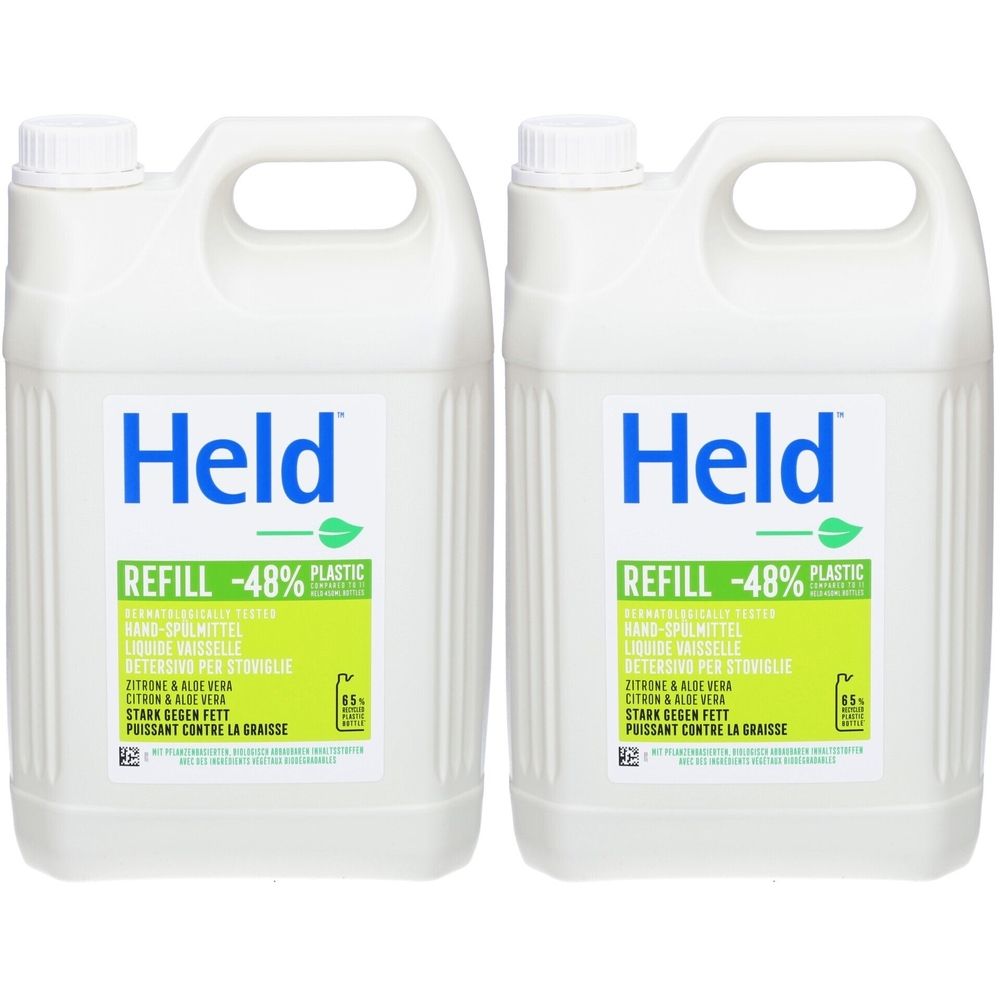 Deux bidons blancs avec poignées. Étiquettes avec "Held" et "REFILL -48% PLASTIC". Texte en allemand et français.