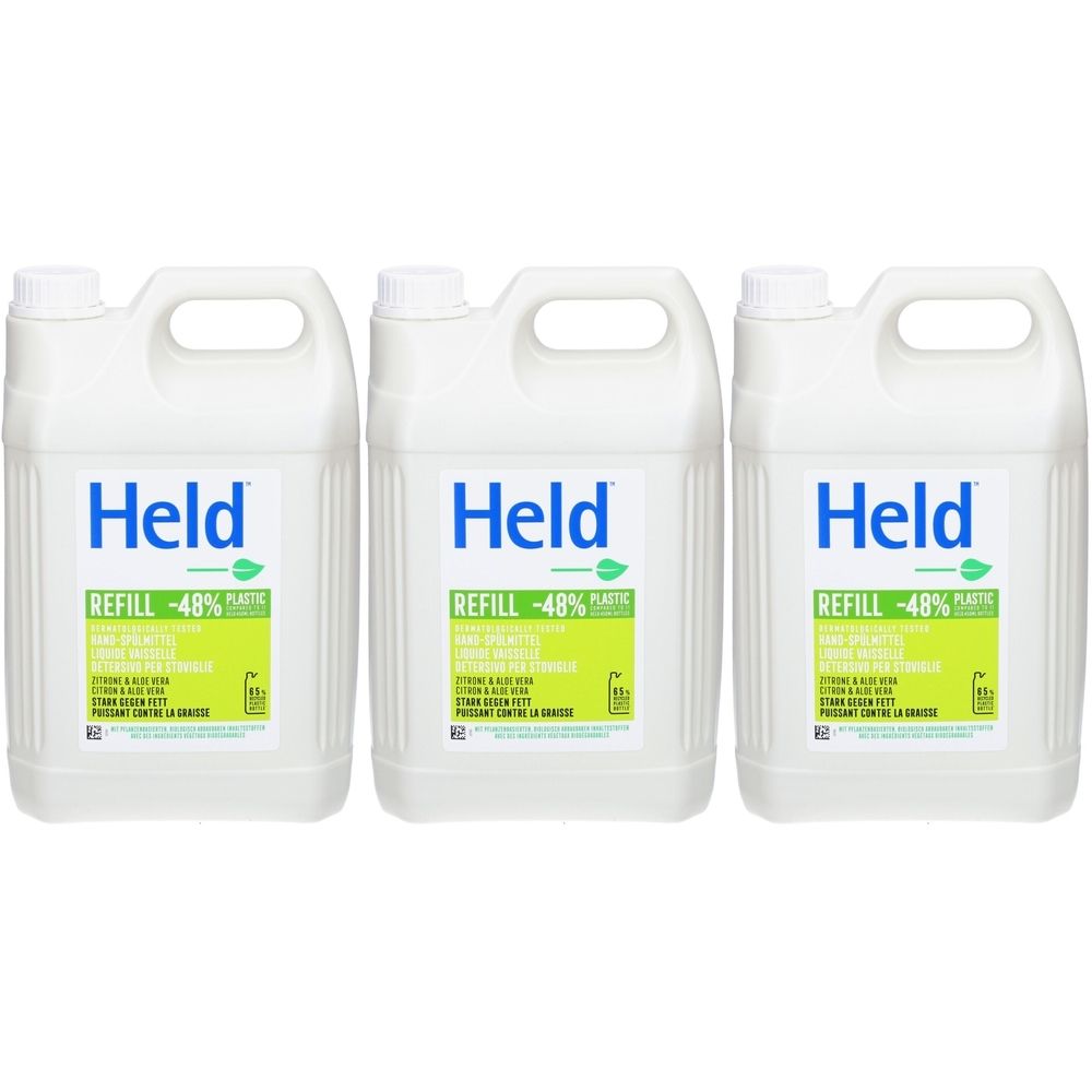 Trois bidons blancs avec poignées. Inscription Held, Refill -48% Plastic. Étiquette verte et jaune avec texte.
