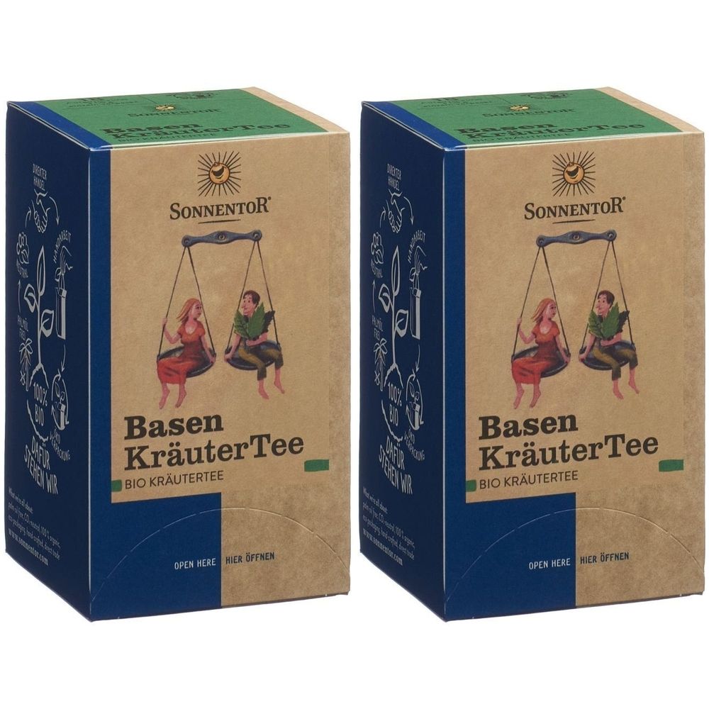 Zwei rechteckige Kartons mit Sonnentor Basen Kräutertee. Aufdruck: Waage mit Personen, Schriftzug, Bio Kräutertee.