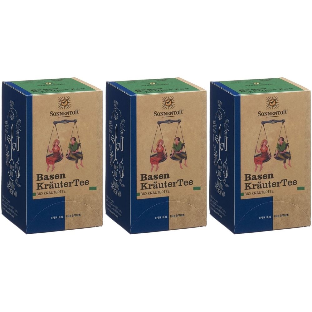 Drei rechteckige Kartons. Auf der Vorderseite: Logo, Illustration von Personen auf einer Schaukel, Text: Basen KräuterTee.