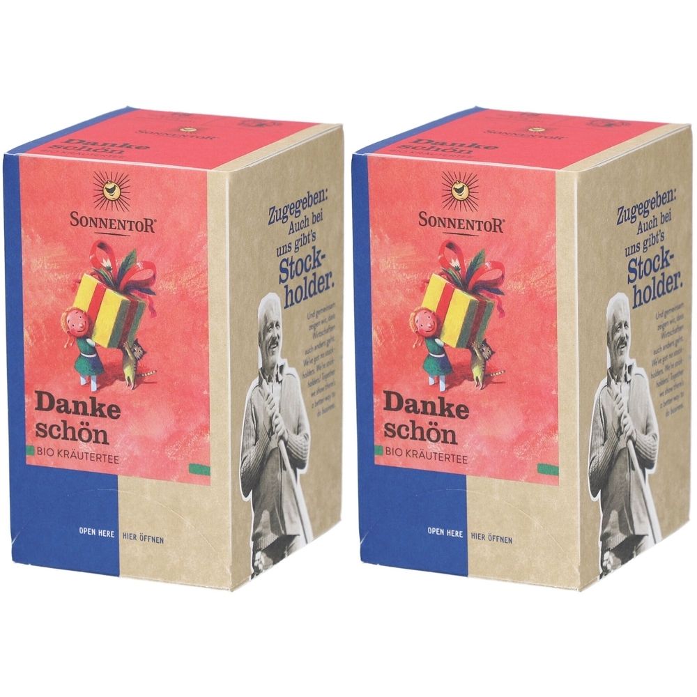 Zwei rechteckige Kartons. Aufdruck: SONNENTOR, "Danke schön" und "BIO KRÄUTERTEE". Illustration: Geschenkbox. Text: "Zugegeben: Auch bei uns gibt's Stock-holder."