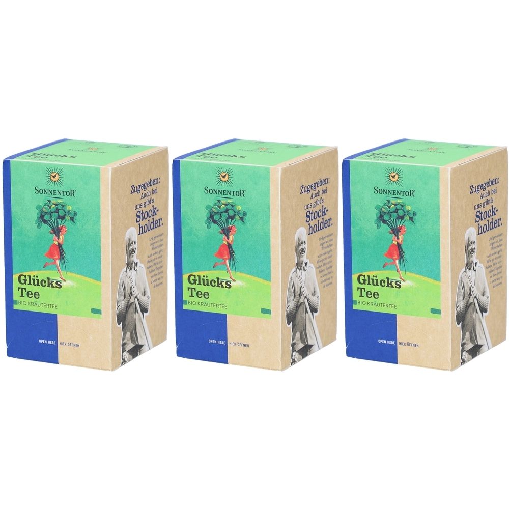 Drei Kartonverpackungen von Glückstee. Aufdruck: Marke Sonnentor, Illustration einer Frau mit Blumenstrauß, Schriftzug Glücks Tee.