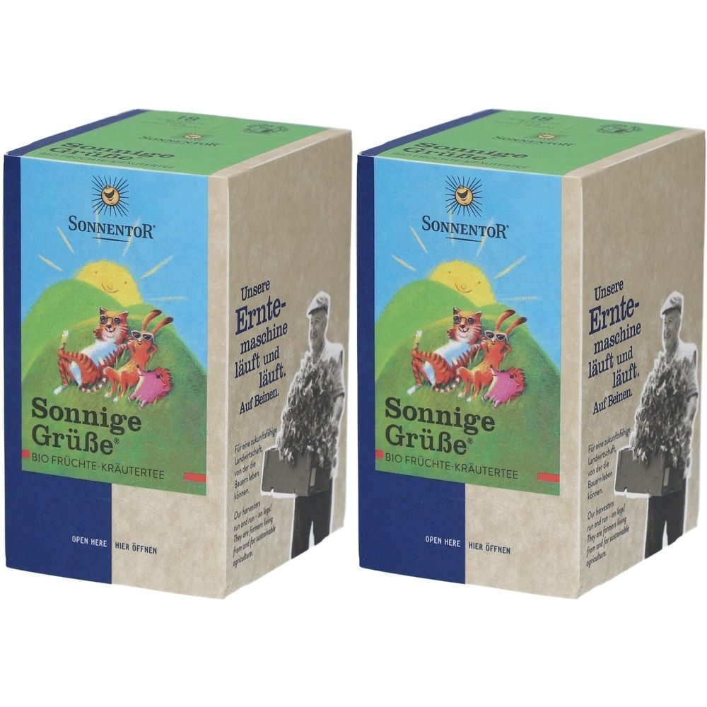 Deux boîtes rectangulaires avec l'inscription "Sonnige Grüße" et le logo SONNENTOR. Impression avec illustrations et texte.
