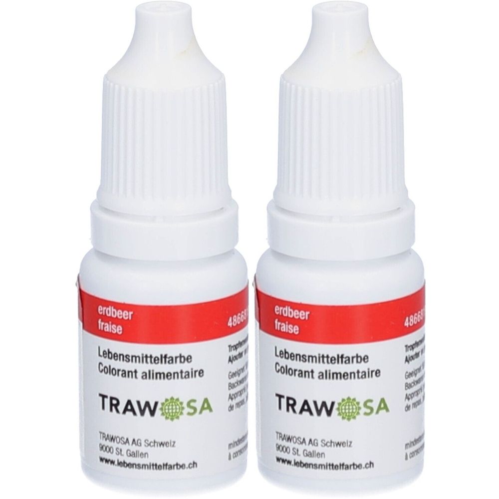 Deux flacons de colorant alimentaire TRAWOSA fraise. Flacons blancs avec étiquette rouge et texte vert. Inscription: Lebensmittelfarbe, Colorant alimentaire.