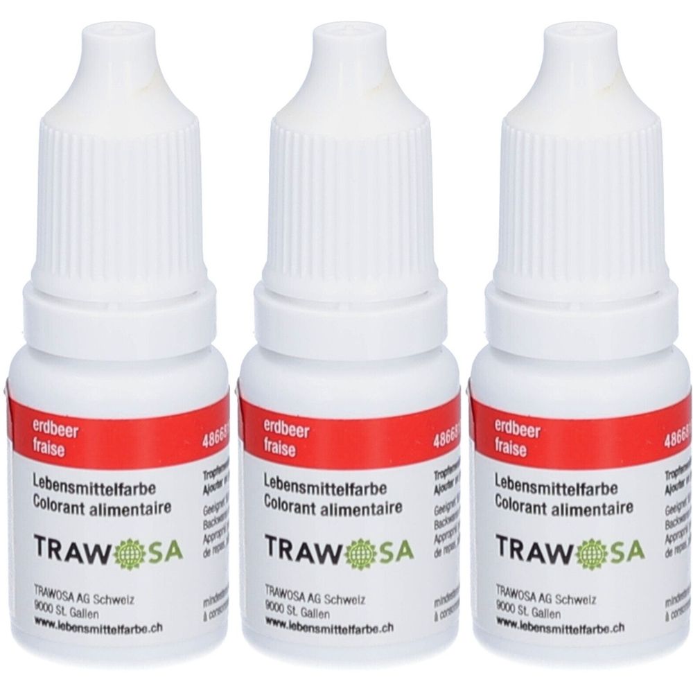 Trois flacons blancs avec étiquette rouge. Inscription: Fraise, Colorant alimentaire, TRAWOSA. Flacons compte-gouttes.