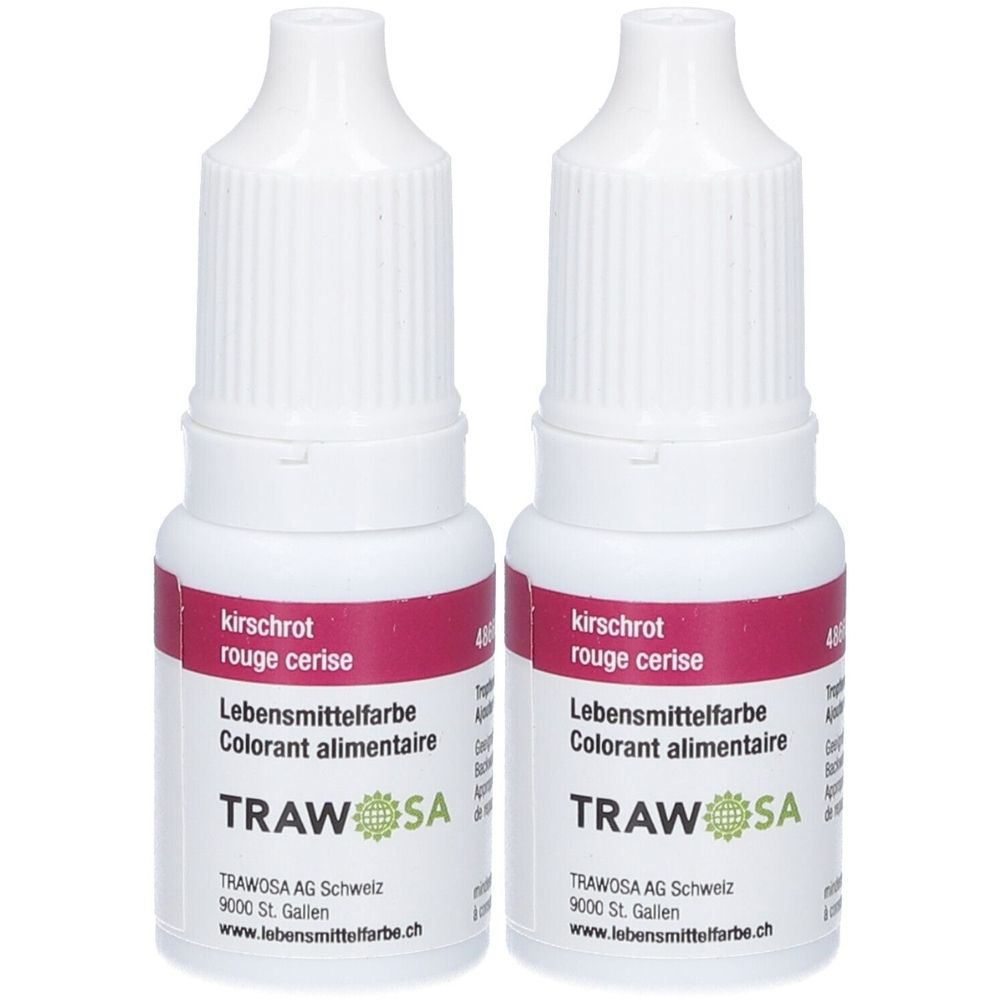 Deux flacons de colorant alimentaire. Corps blanc avec étiquette rouge. Inscription : kirschrot, rouge cerise, TRAWOSA.