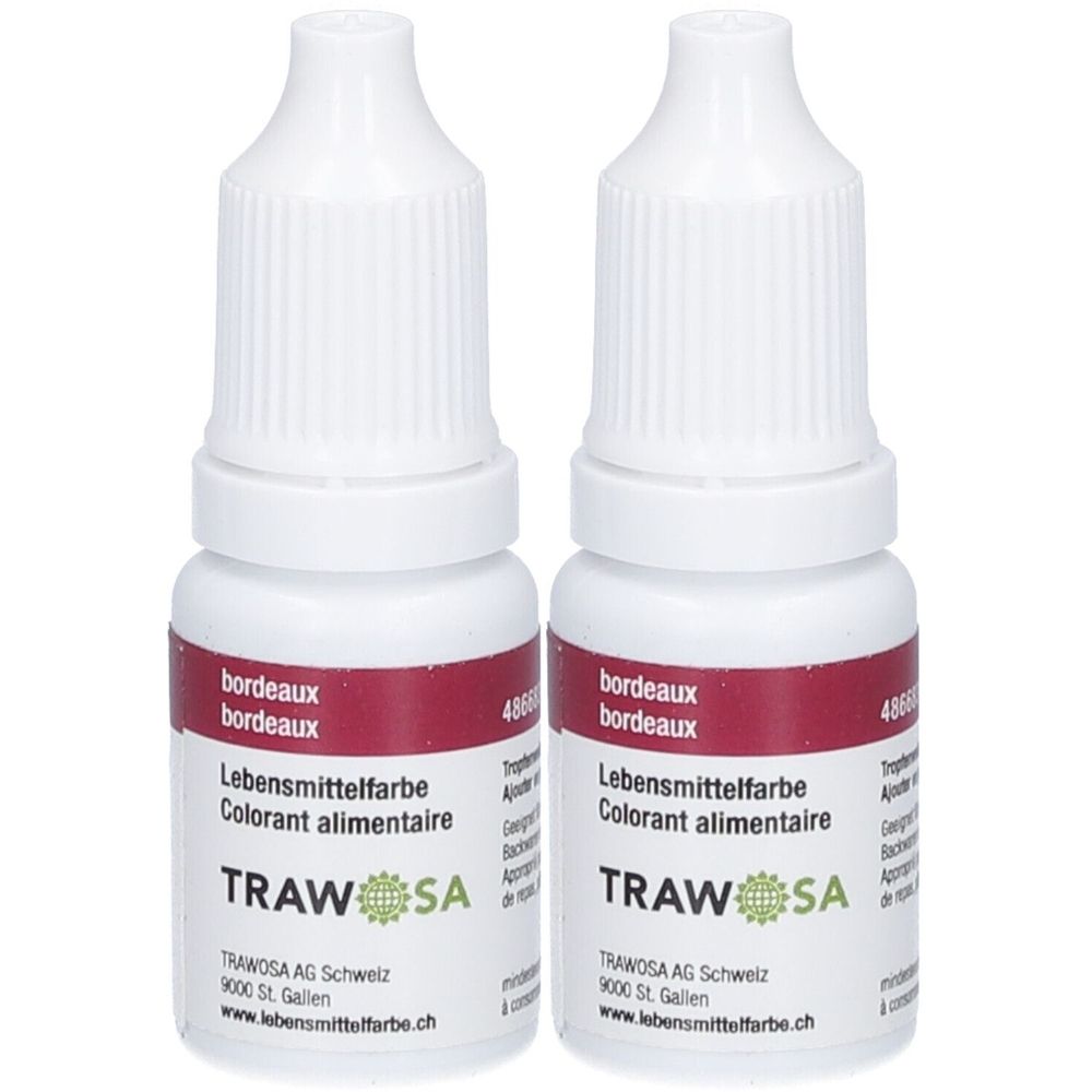 Zwei Flaschen Lebensmittelfarbe. Bordeaux-farbene Etiketten mit Text. Marke TRAWOSA. Weiße Flaschen mit Tropfverschluss.