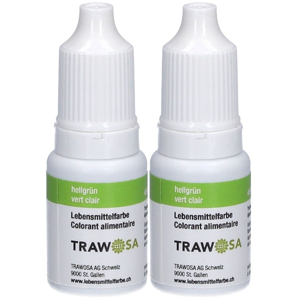 Deux flacons de colorant alimentaire vert clair. Flacons blancs avec étiquette verte. Inscription : vert clair, Colorant alimentaire, TRAWOSA.