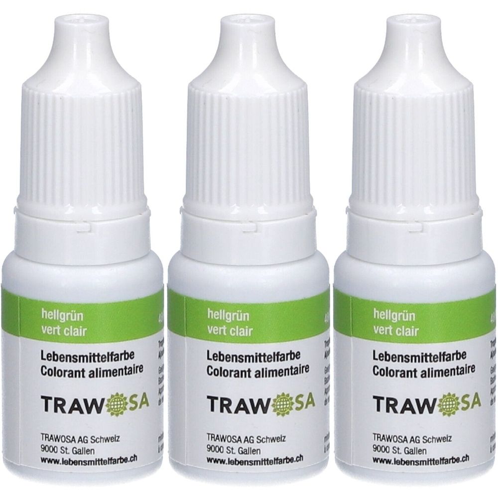 Trois flacons de colorant alimentaire TRAWOSA vert clair. Flacons blancs avec étiquette verte. Texte: hellgrün, Colorant alimentaire, TRAWOSA.