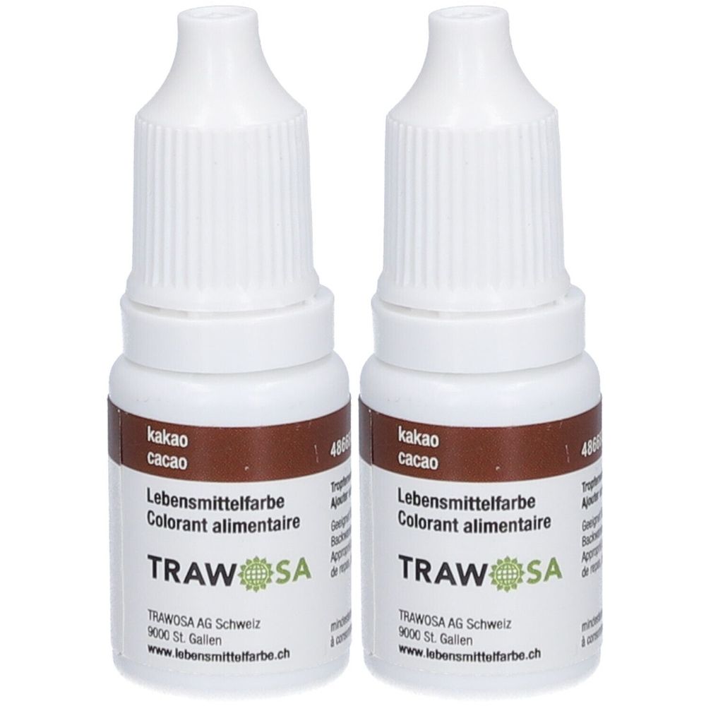 Zwei Flaschen TRAWOSA Lebensmittelfarbstoff Kakao. Weiße Flaschen mit braunen Etiketten. Aufschrift: Kakao, Lebensmittelfarbe, Colorant alimentaire.