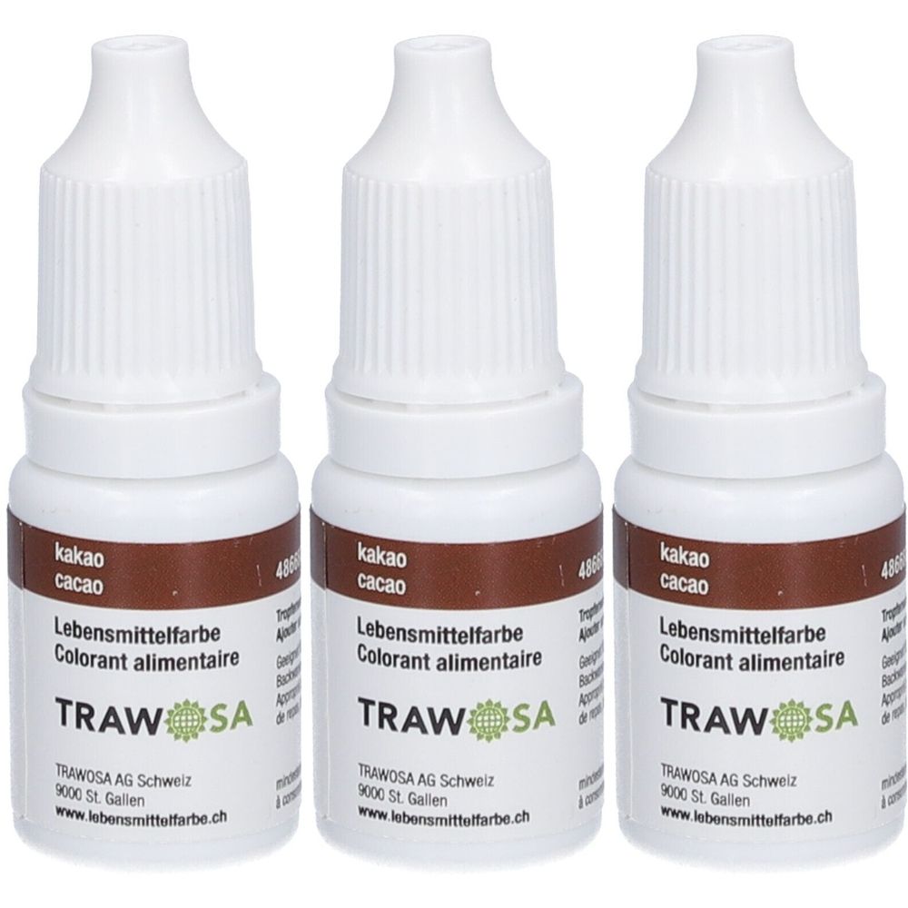 Drei Flaschen TRAWOSA Lebensmittelfarbe Kakao. Weiße Flaschen mit braunen Etiketten. Beschriftung: Kakao, Colorant alimentaire, TRAWOSA.