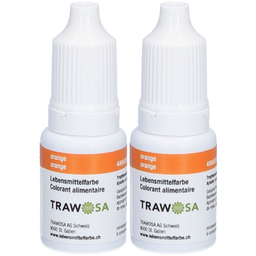 Deux flacons de colorant alimentaire orange TRAWOSA. Flacons blancs avec étiquette orange. Texte : Colorant alimentaire. Logo et texte TRAWOSA.