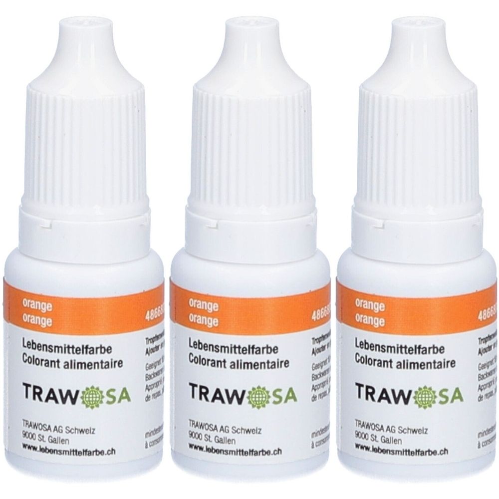 Trois flacons de colorant alimentaire orange TRAWOSA. Flacons blancs avec étiquette orange. Texte : Colorant alimentaire.