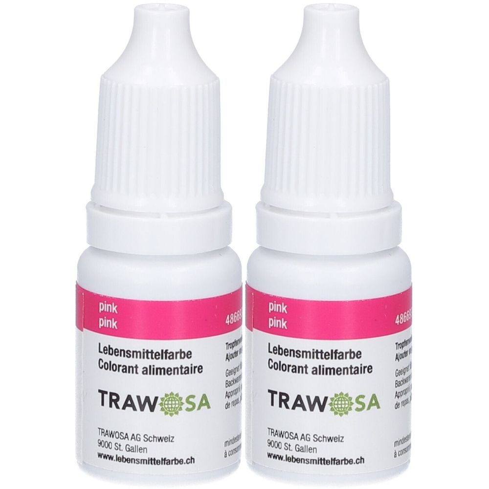 Deux flacons de colorant alimentaire rose. Flacons blancs avec étiquette rose. Inscription : TRAWOSA, Lebensmittelfarbe, Colorant alimentaire.