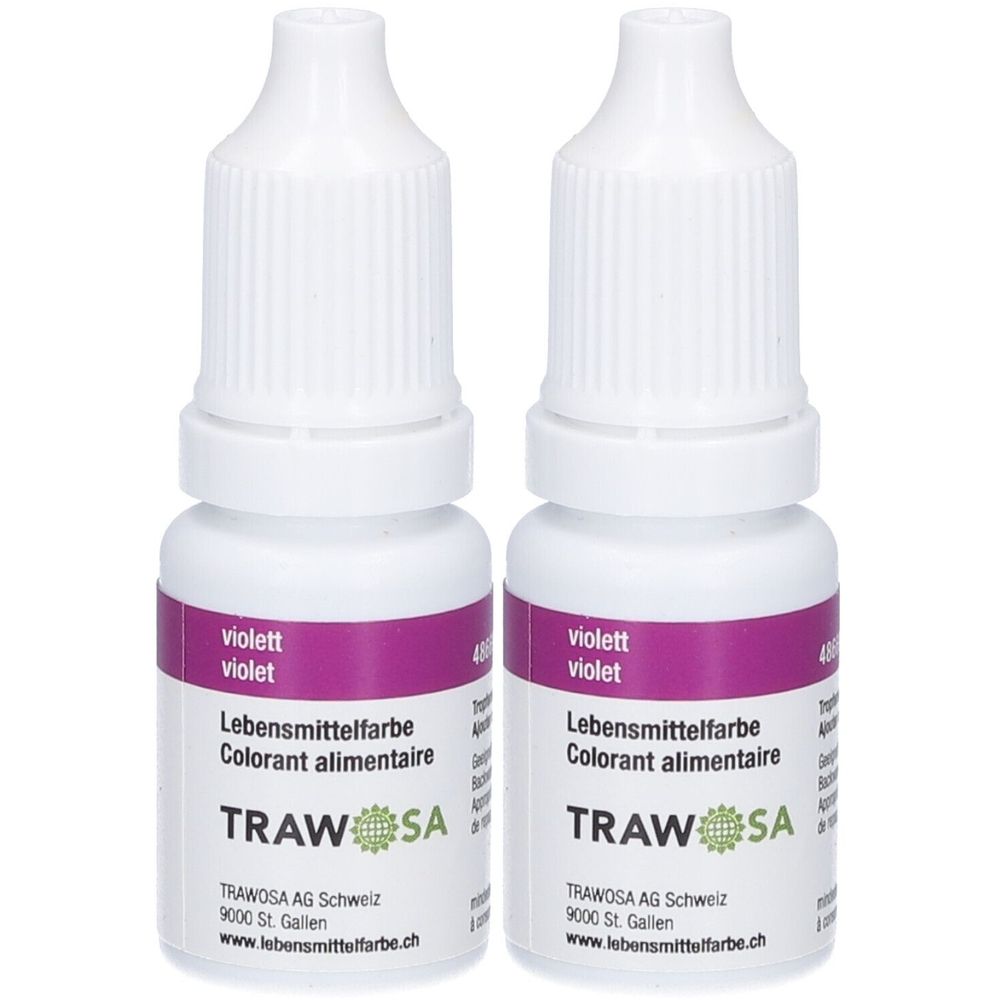 Deux flacons de colorant alimentaire. Bouchon blanc, bande violette avec "violet". Texte: "Lebensmittelfarbe", "Colorant alimentaire", "TRAWOSA".