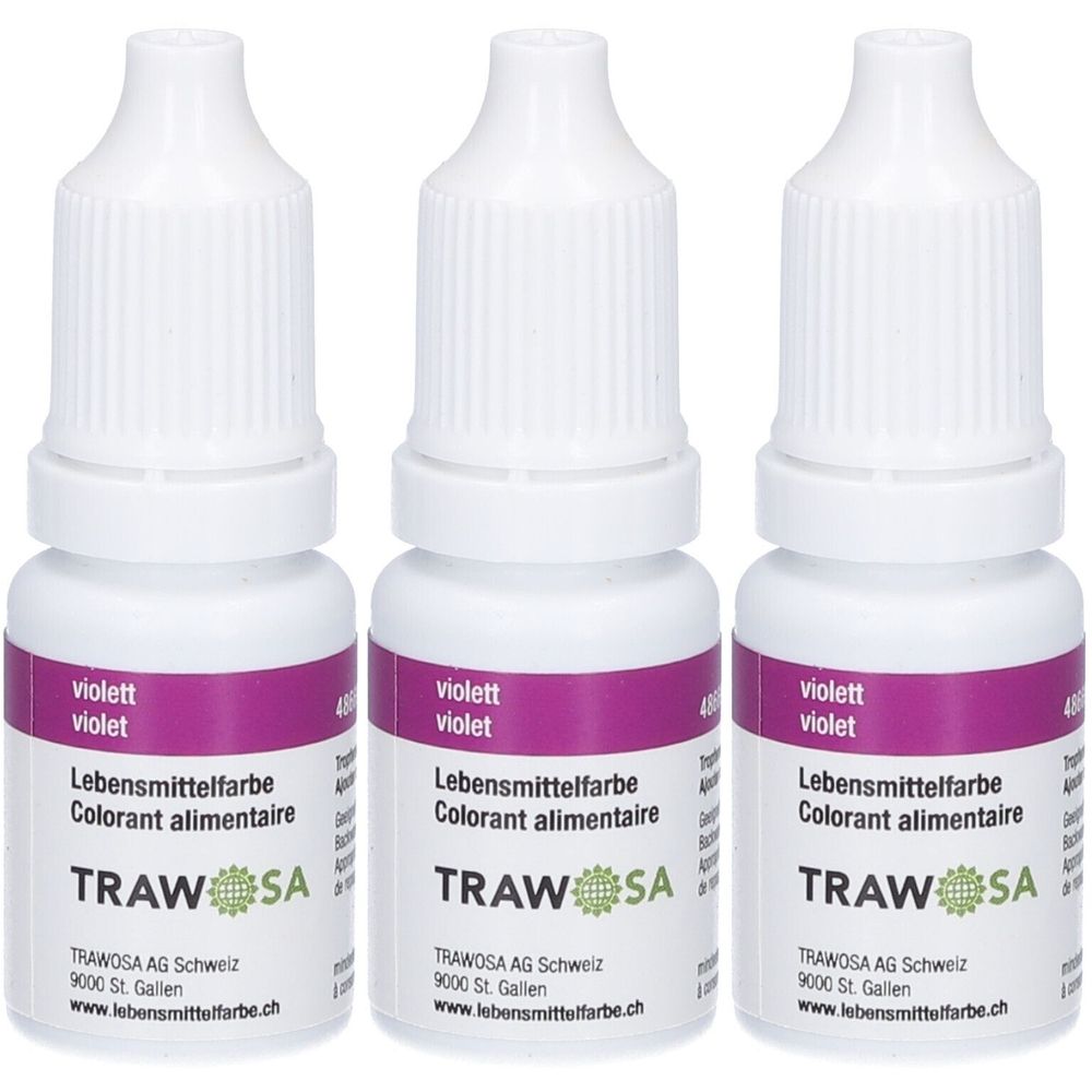 Trois flacons de colorant alimentaire violet TRAWOSA. Flacons blancs avec étiquettes violettes. Texte: violet, colorant alimentaire, TRAWOSA.