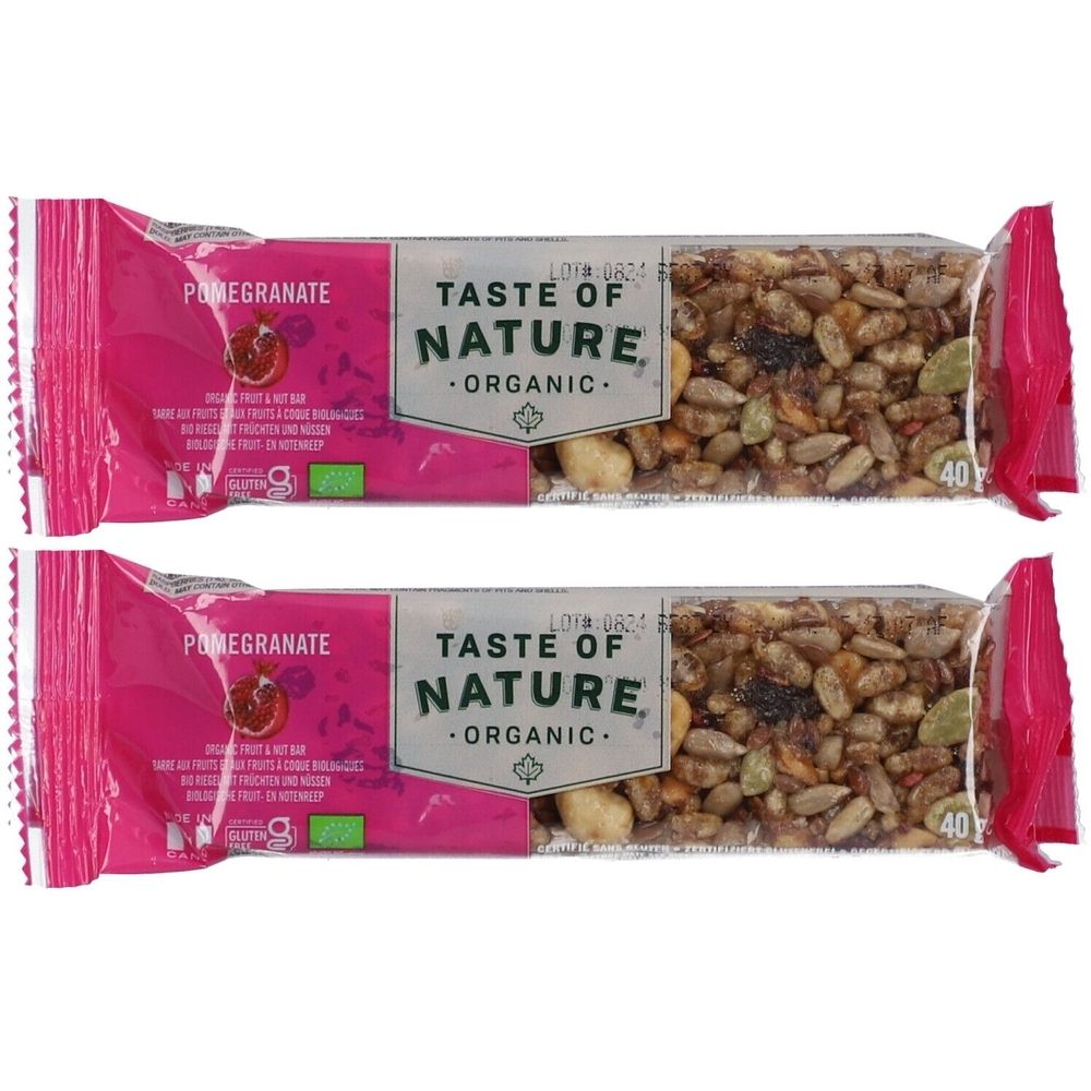 Deux barres de céréales emballées en rose. Inscription: Taste of Nature Organic Pomegranate. Poids 40g.