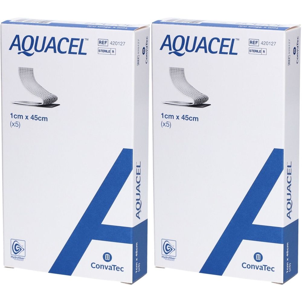 Deux boîtes blanches avec graphisme bleu. Inscription AQUACEL, 1cm x 45cm (x5). Logo ConvaTec.