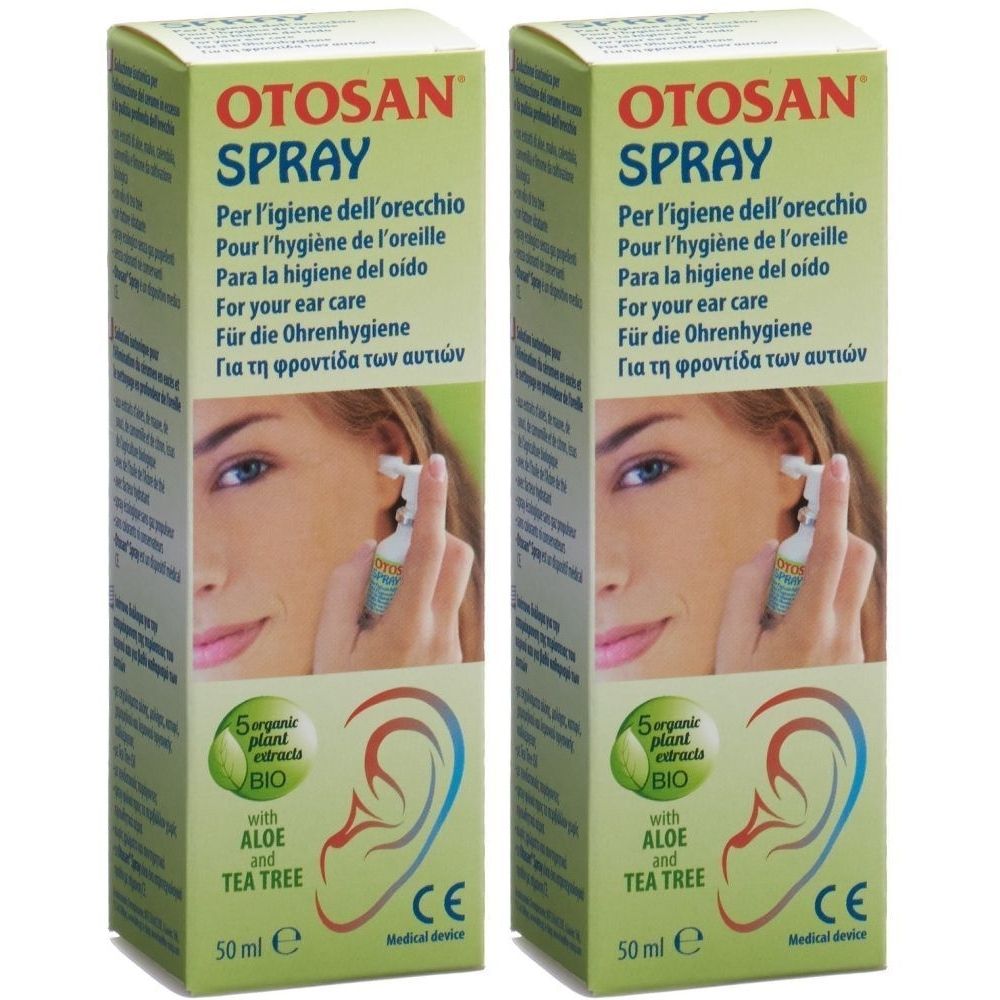 Zwei grüne Kartons mit Produktnamen und Produktbeschreibung. Aufdruck: OTOSAN SPRAY. Auf der Vorderseite ist eine Frau abgebildet, die das Produkt anwendet.